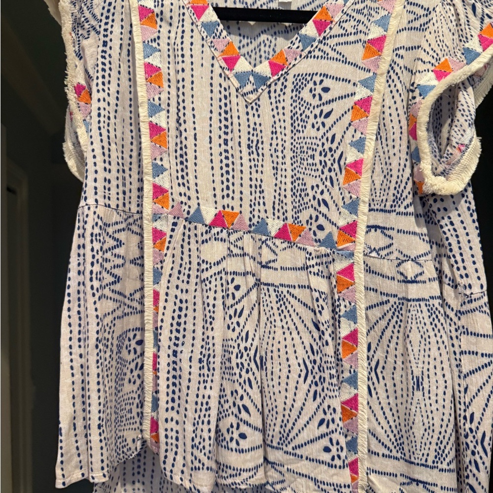 THML Geometric Embroidered Blouse in Blue and Pink